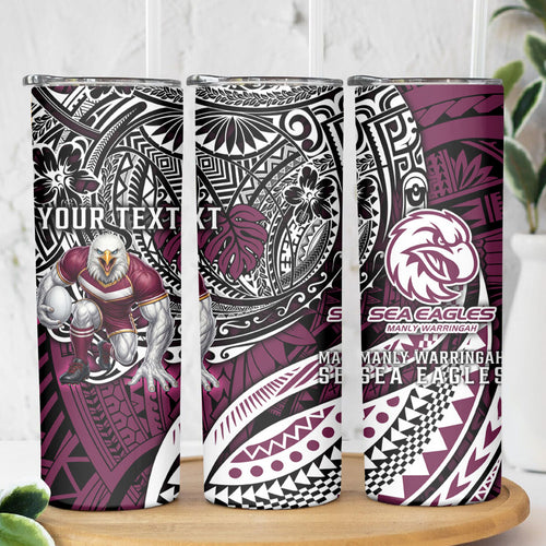 Personalised Manly Warringah Sea Eagles Skinny Tumbler Polynesian Tribal Art Style With Muscular Sea Eagle Mascot