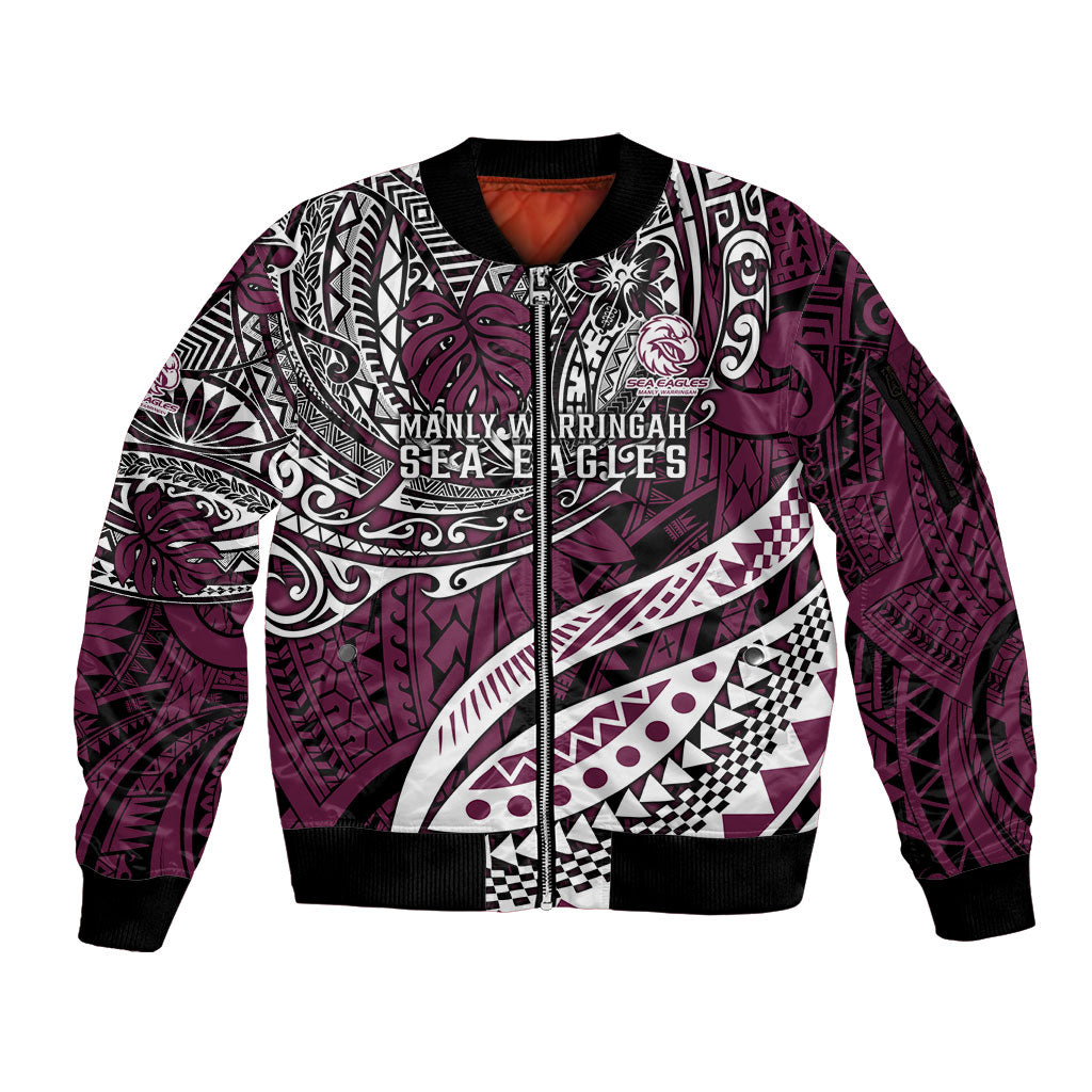 Personalised Manly Warringah Sea Eagles Sleeve Zip Bomber Jacket Polynesian Tribal Art Style With Muscular Sea Eagle Mascot