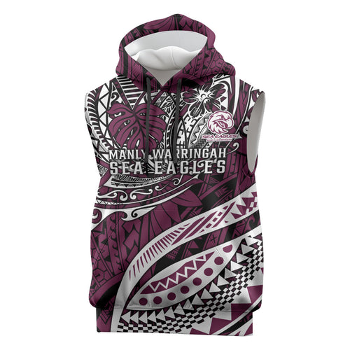 Personalised Manly Warringah Sea Eagles Sleeveless Hoodie Polynesian Tribal Art Style With Muscular Sea Eagle Mascot