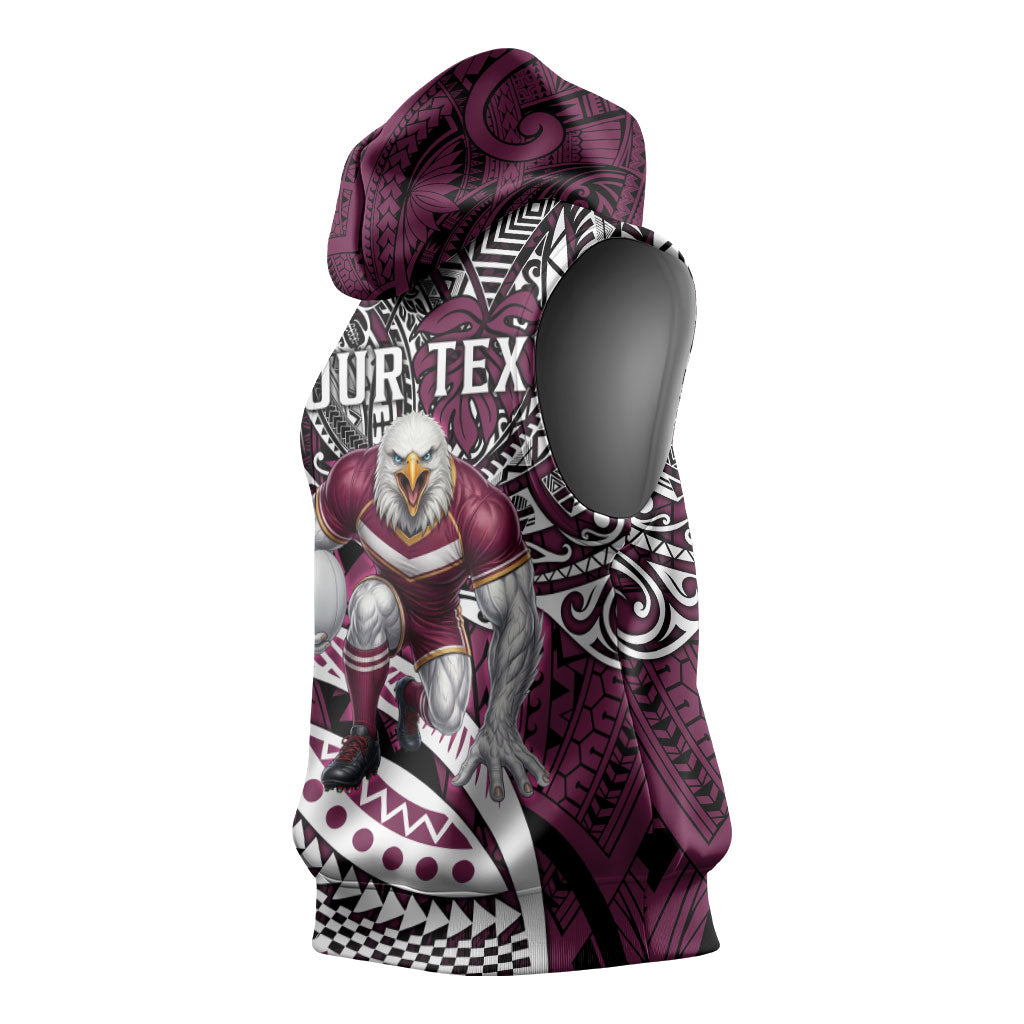 Personalised Manly Warringah Sea Eagles Sleeveless Hoodie Polynesian Tribal Art Style With Muscular Sea Eagle Mascot