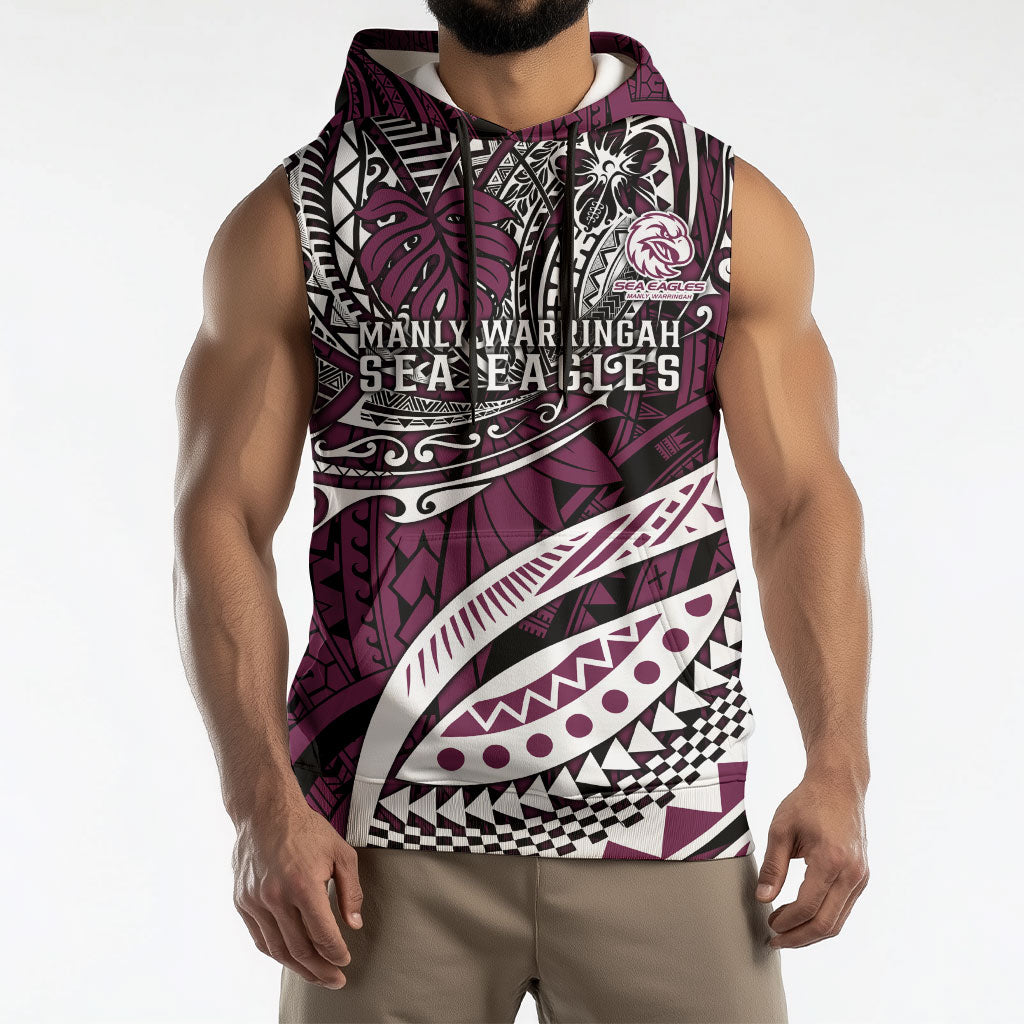 Personalised Manly Warringah Sea Eagles Sleeveless Hoodie Polynesian Tribal Art Style With Muscular Sea Eagle Mascot