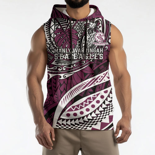 Personalised Manly Warringah Sea Eagles Sleeveless Hoodie Polynesian Tribal Art Style With Muscular Sea Eagle Mascot