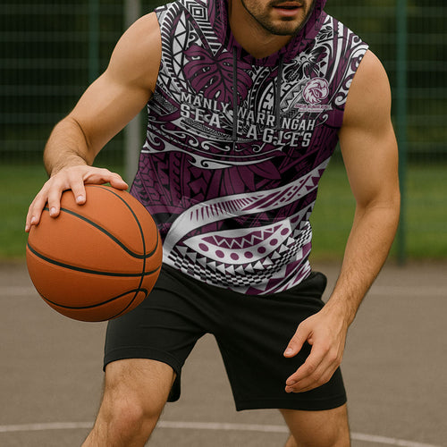 Personalised Manly Warringah Sea Eagles Sleeveless Hoodie Polynesian Tribal Art Style With Muscular Sea Eagle Mascot