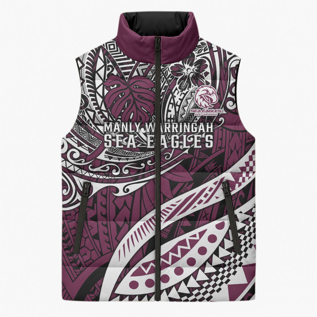 Personalised Manly Warringah Sea Eagles Sleeveless Puffer Jacket Polynesian Tribal Art Style With Muscular Sea Eagle Mascot