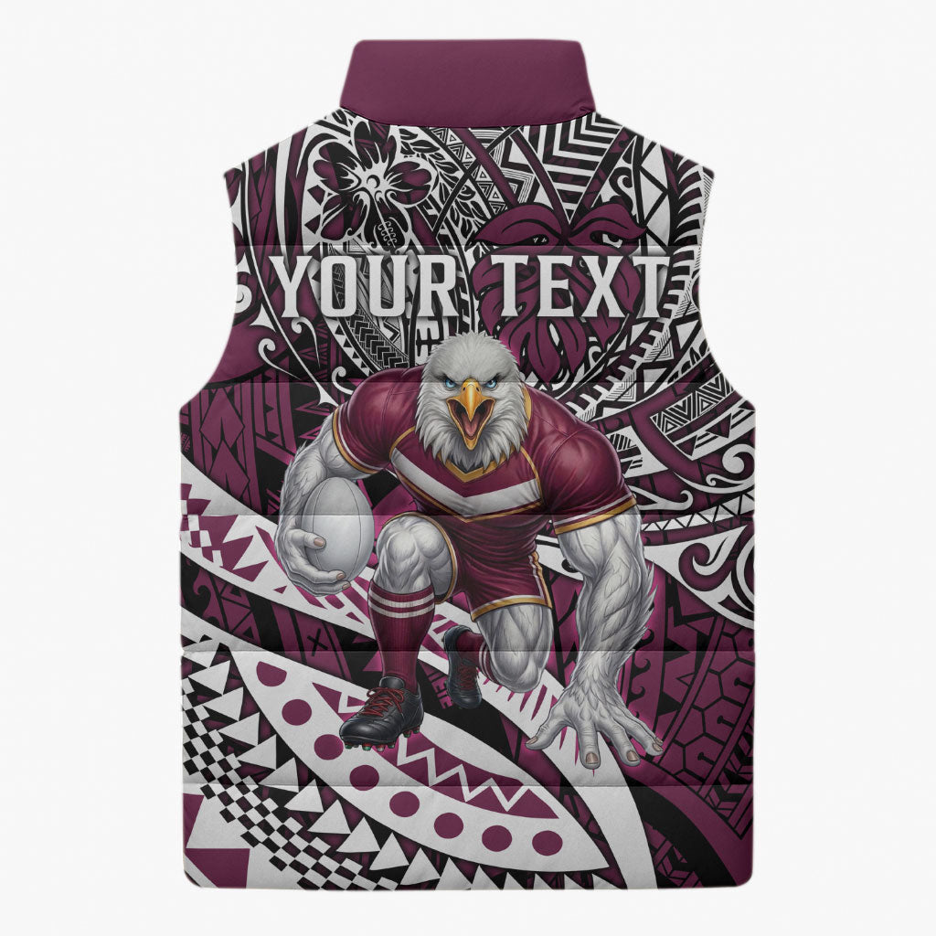 Personalised Manly Warringah Sea Eagles Sleeveless Puffer Jacket Polynesian Tribal Art Style With Muscular Sea Eagle Mascot