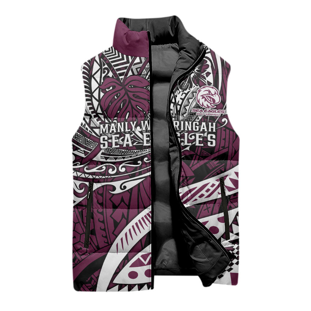 Personalised Manly Warringah Sea Eagles Sleeveless Puffer Jacket Polynesian Tribal Art Style With Muscular Sea Eagle Mascot