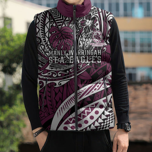 Personalised Manly Warringah Sea Eagles Sleeveless Puffer Jacket Polynesian Tribal Art Style With Muscular Sea Eagle Mascot