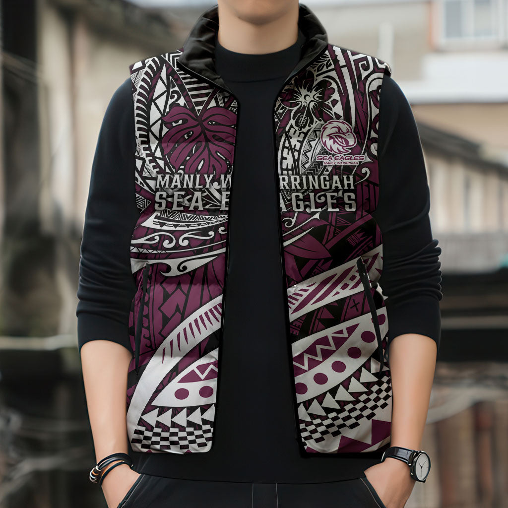 Personalised Manly Warringah Sea Eagles Sleeveless Puffer Jacket Polynesian Tribal Art Style With Muscular Sea Eagle Mascot