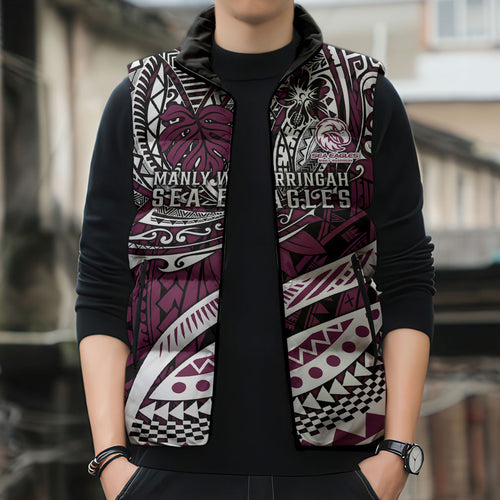 Personalised Manly Warringah Sea Eagles Sleeveless Puffer Jacket Polynesian Tribal Art Style With Muscular Sea Eagle Mascot