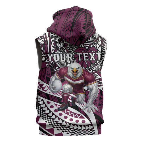 Personalised Manly Warringah Sea Eagles Sleeveless Zip Hoodie Polynesian Tribal Art Style With Muscular Sea Eagle Mascot
