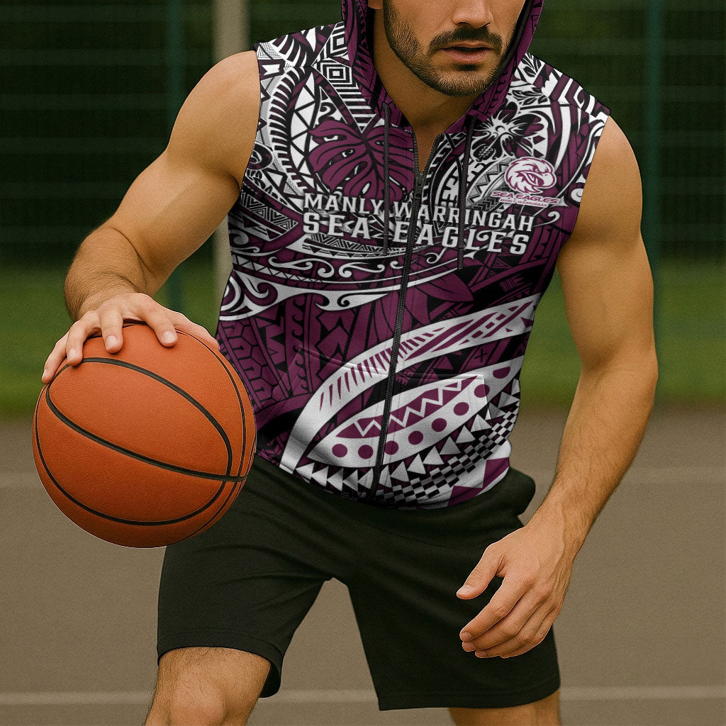 Personalised Manly Warringah Sea Eagles Sleeveless Zip Hoodie Polynesian Tribal Art Style With Muscular Sea Eagle Mascot