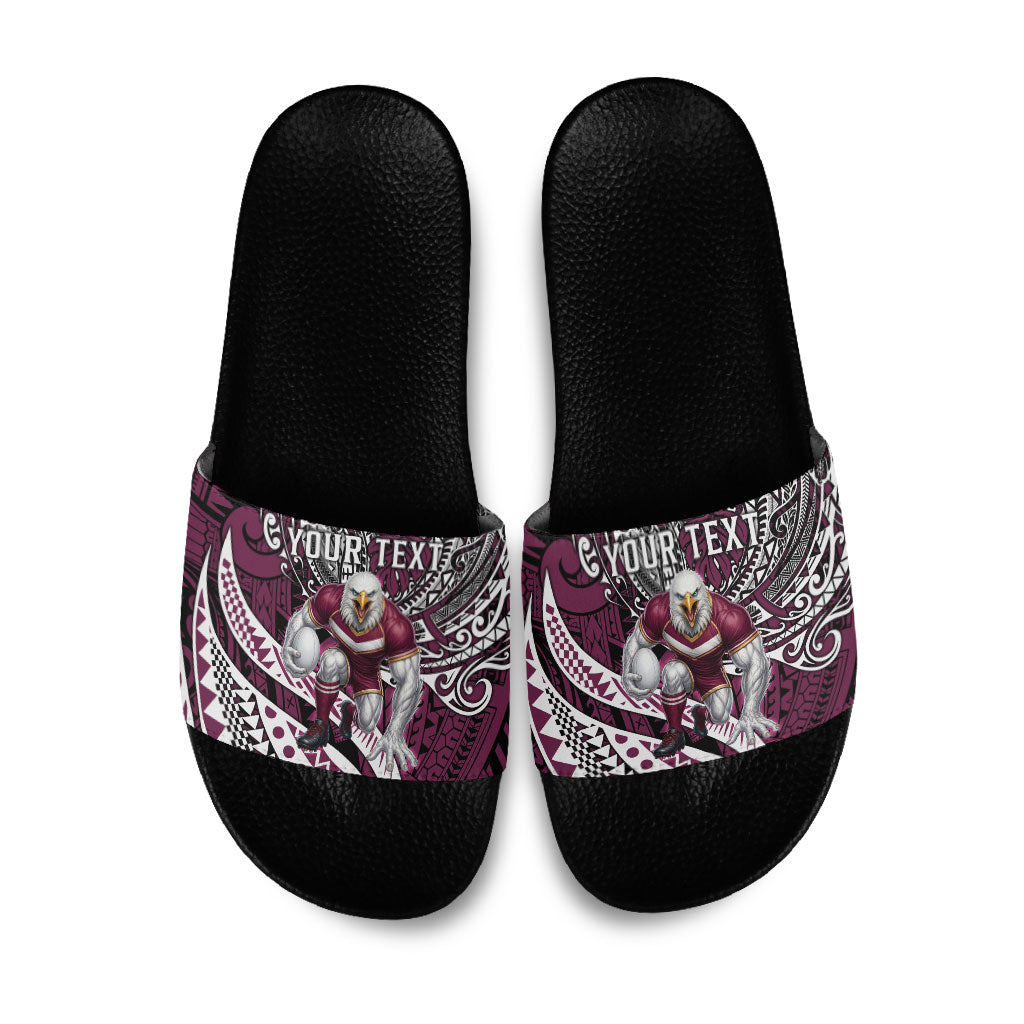 Personalised Manly Warringah Sea Eagles Slide Sandals Polynesian Tribal Art Style With Muscular Sea Eagle Mascot