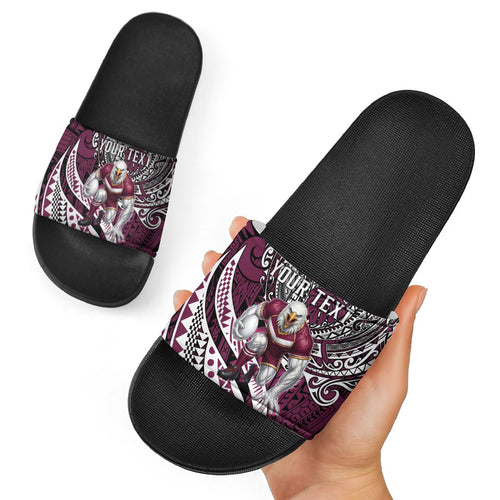 Personalised Manly Warringah Sea Eagles Slide Sandals Polynesian Tribal Art Style With Muscular Sea Eagle Mascot