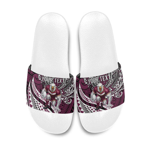 Personalised Manly Warringah Sea Eagles Slide Sandals Polynesian Tribal Art Style With Muscular Sea Eagle Mascot