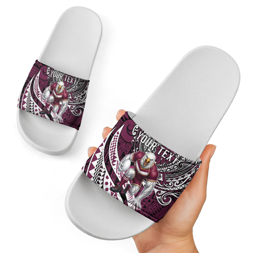 Personalised Manly Warringah Sea Eagles Slide Sandals Polynesian Tribal Art Style With Muscular Sea Eagle Mascot