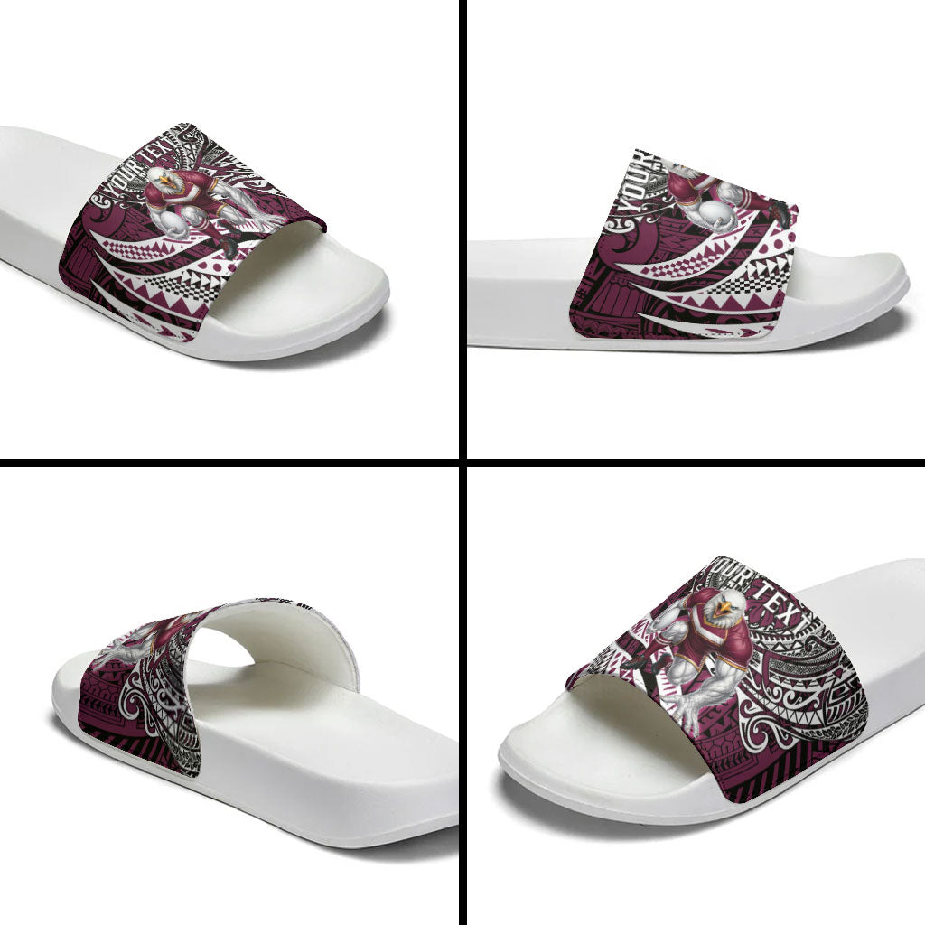 Personalised Manly Warringah Sea Eagles Slide Sandals Polynesian Tribal Art Style With Muscular Sea Eagle Mascot
