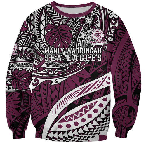 Personalised Manly Warringah Sea Eagles Sweatshirt Polynesian Tribal Art Style With Muscular Sea Eagle Mascot