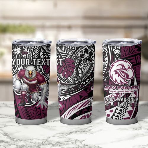 Personalised Manly Warringah Sea Eagles Tumbler Cup Polynesian Tribal Art Style With Muscular Sea Eagle Mascot