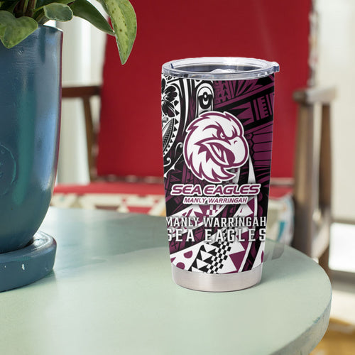 Personalised Manly Warringah Sea Eagles Tumbler Cup Polynesian Tribal Art Style With Muscular Sea Eagle Mascot