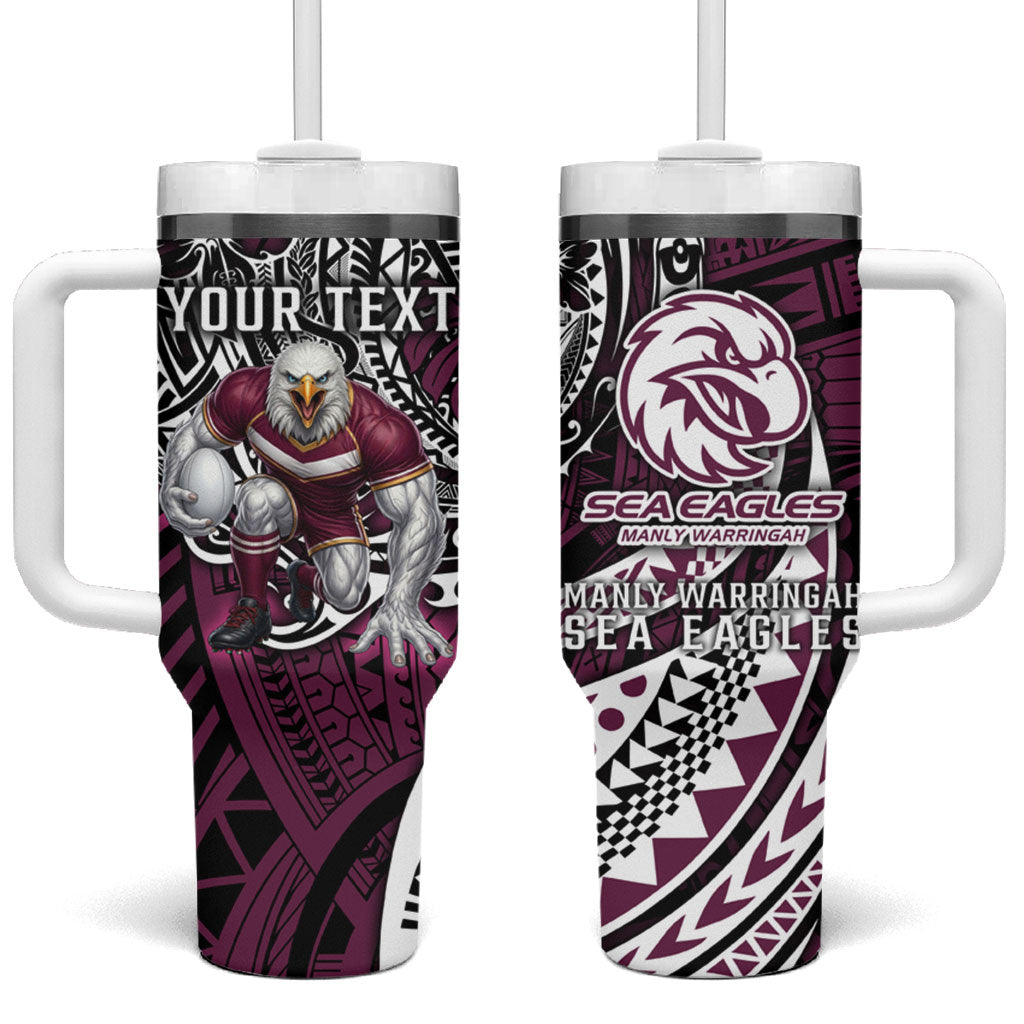 Personalised Manly Warringah Sea Eagles Tumbler With Handle Polynesian Tribal Art Style With Muscular Sea Eagle Mascot