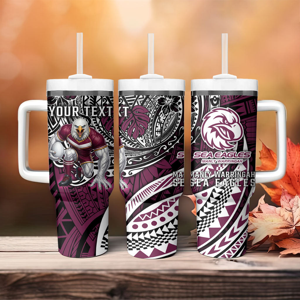 Personalised Manly Warringah Sea Eagles Tumbler With Handle Polynesian Tribal Art Style With Muscular Sea Eagle Mascot