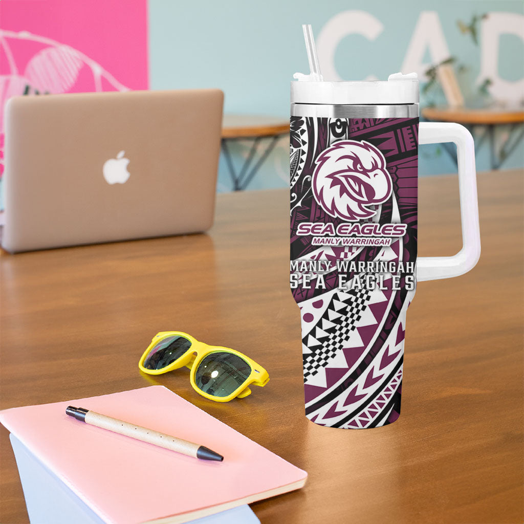 Personalised Manly Warringah Sea Eagles Tumbler With Handle Polynesian Tribal Art Style With Muscular Sea Eagle Mascot