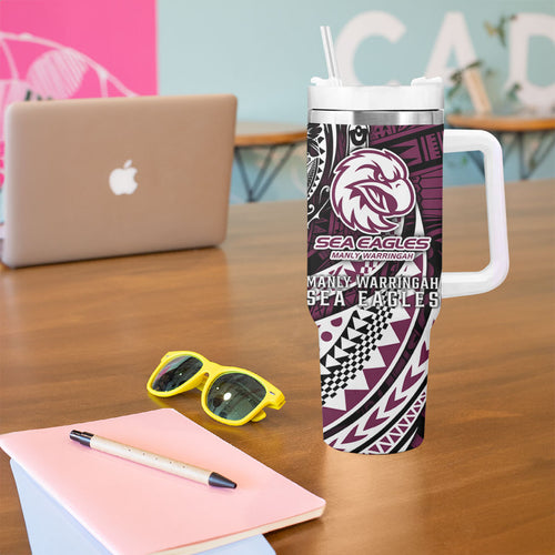 Personalised Manly Warringah Sea Eagles Tumbler With Handle Polynesian Tribal Art Style With Muscular Sea Eagle Mascot