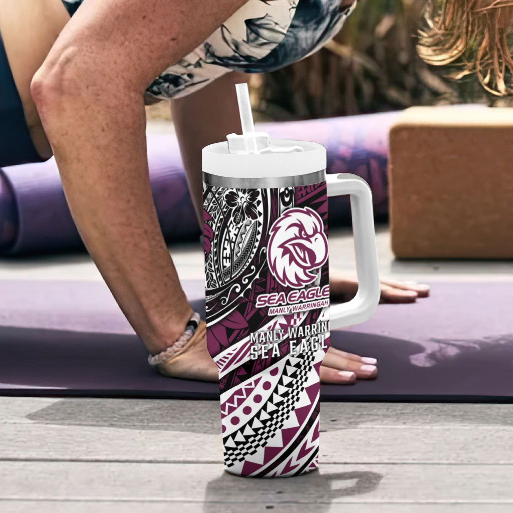 Personalised Manly Warringah Sea Eagles Tumbler With Handle Polynesian Tribal Art Style With Muscular Sea Eagle Mascot