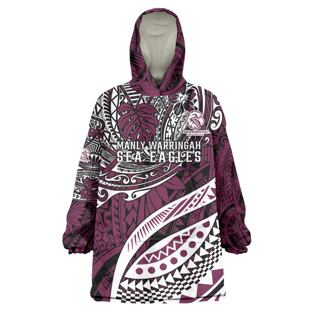 Personalised Manly Warringah Sea Eagles Wearable Blanket Hoodie Polynesian Tribal Art Style With Muscular Sea Eagle Mascot