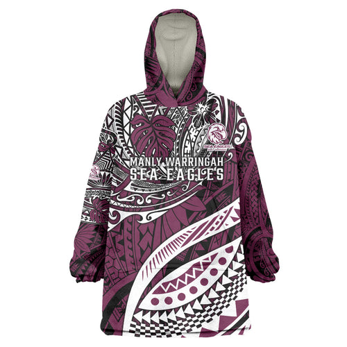 Personalised Manly Warringah Sea Eagles Wearable Blanket Hoodie Polynesian Tribal Art Style With Muscular Sea Eagle Mascot