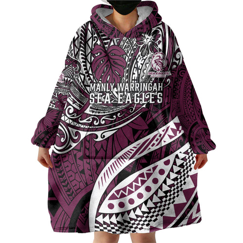 Personalised Manly Warringah Sea Eagles Wearable Blanket Hoodie Polynesian Tribal Art Style With Muscular Sea Eagle Mascot
