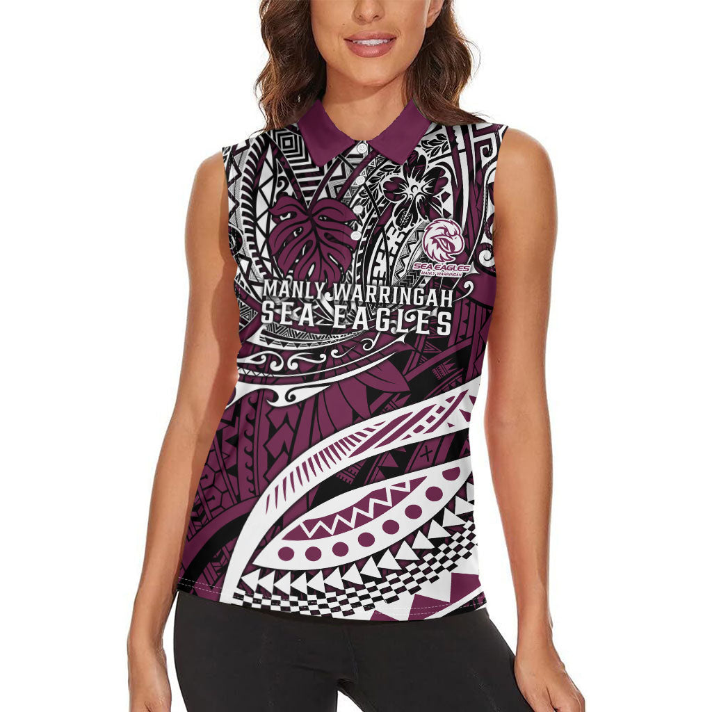 Personalised Manly Warringah Sea Eagles Women Sleeveless Polo Shirt Polynesian Tribal Art Style With Muscular Sea Eagle Mascot