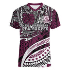 Personalised Manly Warringah Sea Eagles Women V-Neck T-Shirt Polynesian Tribal Art Style With Muscular Sea Eagle Mascot