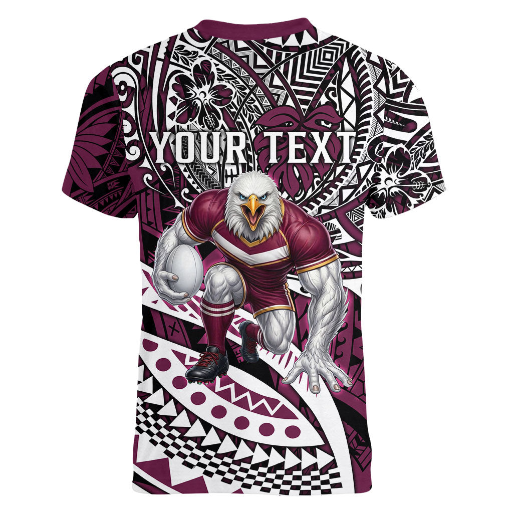 Personalised Manly Warringah Sea Eagles Women V-Neck T-Shirt Polynesian Tribal Art Style With Muscular Sea Eagle Mascot