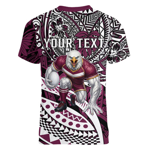 Personalised Manly Warringah Sea Eagles Women V-Neck T-Shirt Polynesian Tribal Art Style With Muscular Sea Eagle Mascot