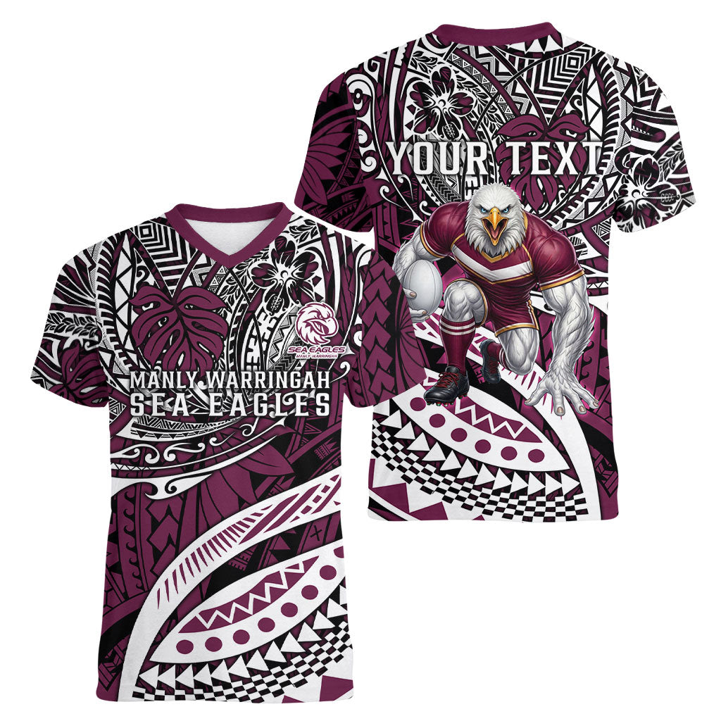 Personalised Manly Warringah Sea Eagles Women V-Neck T-Shirt Polynesian Tribal Art Style With Muscular Sea Eagle Mascot