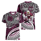 Personalised Manly Warringah Sea Eagles Women V-Neck T-Shirt Polynesian Tribal Art Style With Muscular Sea Eagle Mascot