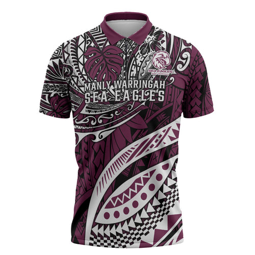 Personalised Manly Warringah Sea Eagles Zipper Polo Shirt Polynesian Tribal Art Style With Muscular Sea Eagle Mascot