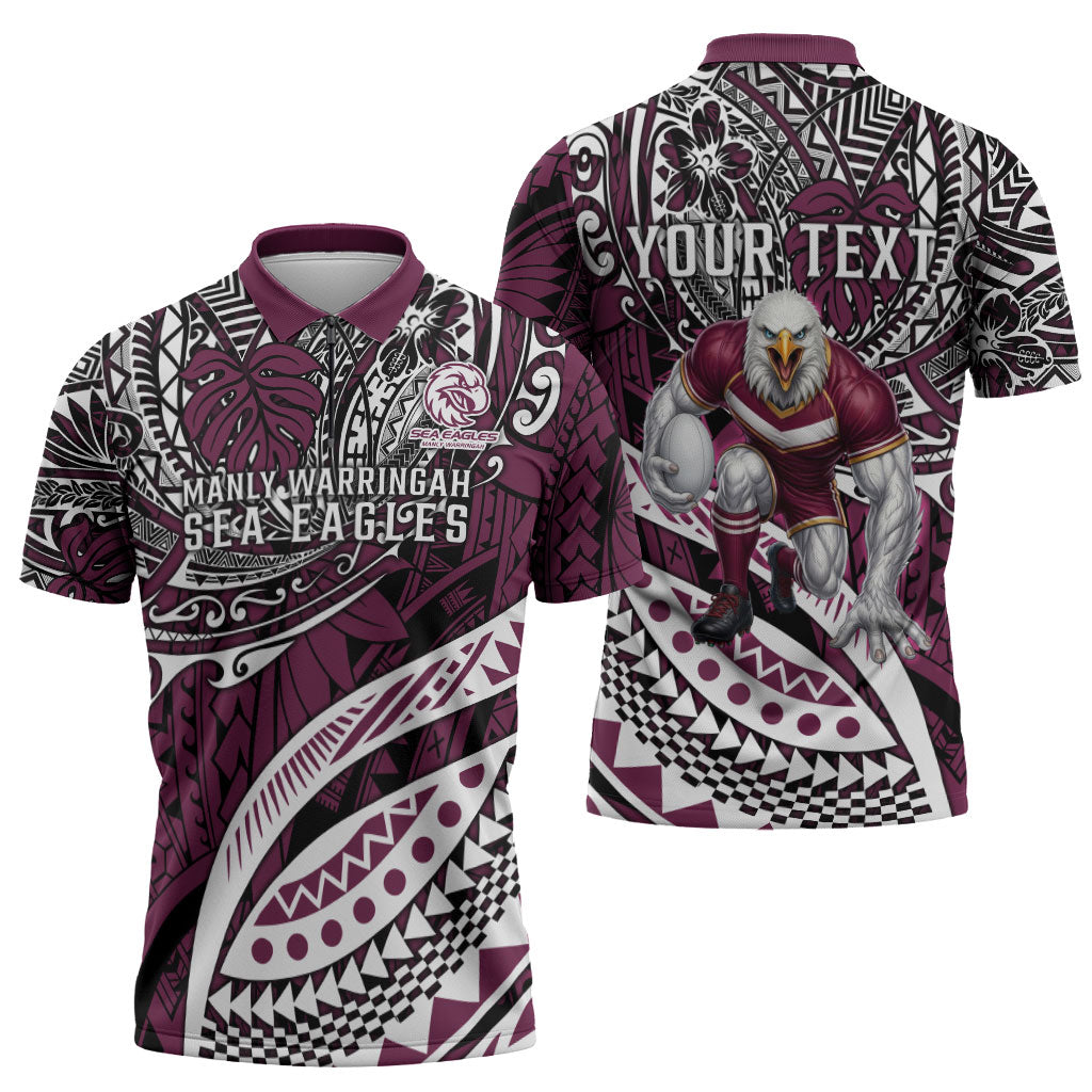 Personalised Manly Warringah Sea Eagles Zipper Polo Shirt Polynesian Tribal Art Style With Muscular Sea Eagle Mascot