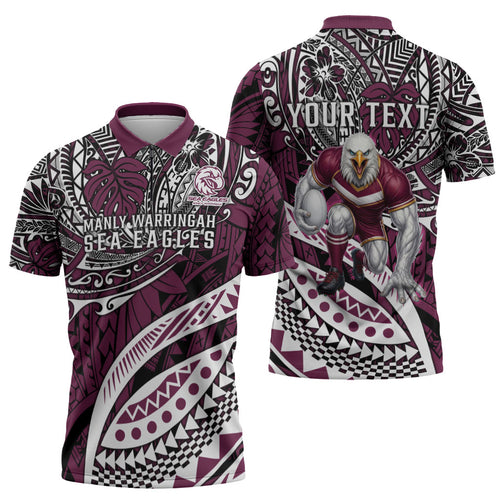 Personalised Manly Warringah Sea Eagles Zipper Polo Shirt Polynesian Tribal Art Style With Muscular Sea Eagle Mascot