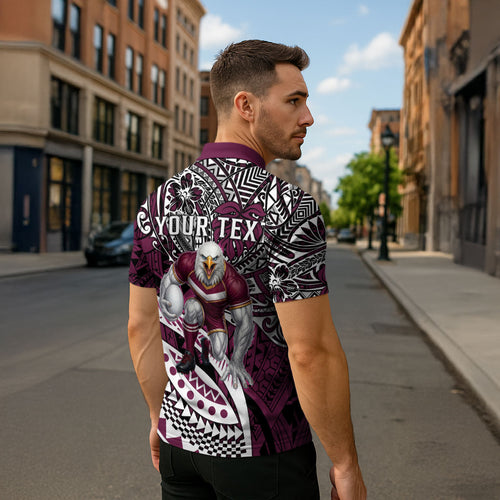 Personalised Manly Warringah Sea Eagles Zipper Polo Shirt Polynesian Tribal Art Style With Muscular Sea Eagle Mascot