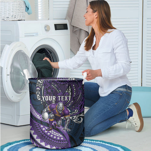 Personalised Melbourne Storm Laundry Basket Polynesian Tribal Art Style With Cyborg Storm Mascot