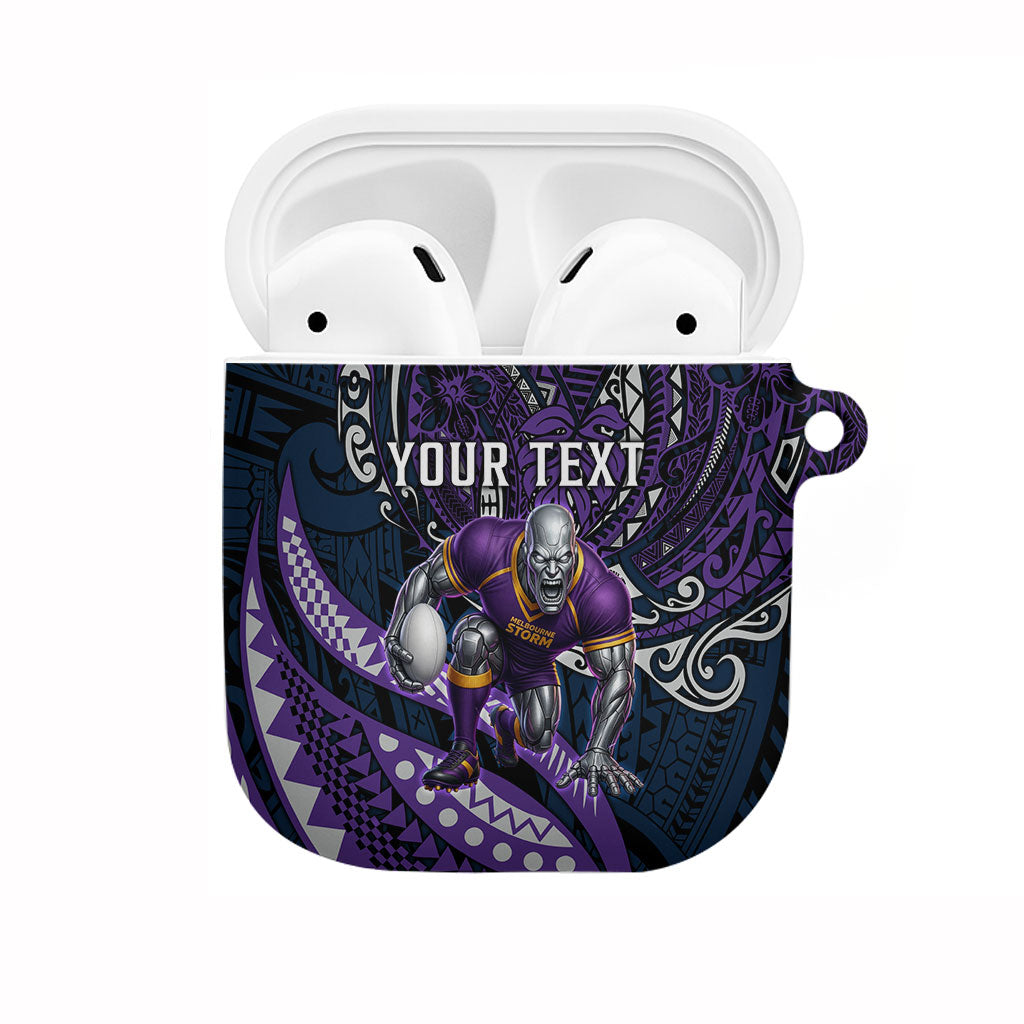 Personalised Melbourne Storm AirPods Case Polynesian Tribal Art Style With Cyborg Storm Mascot