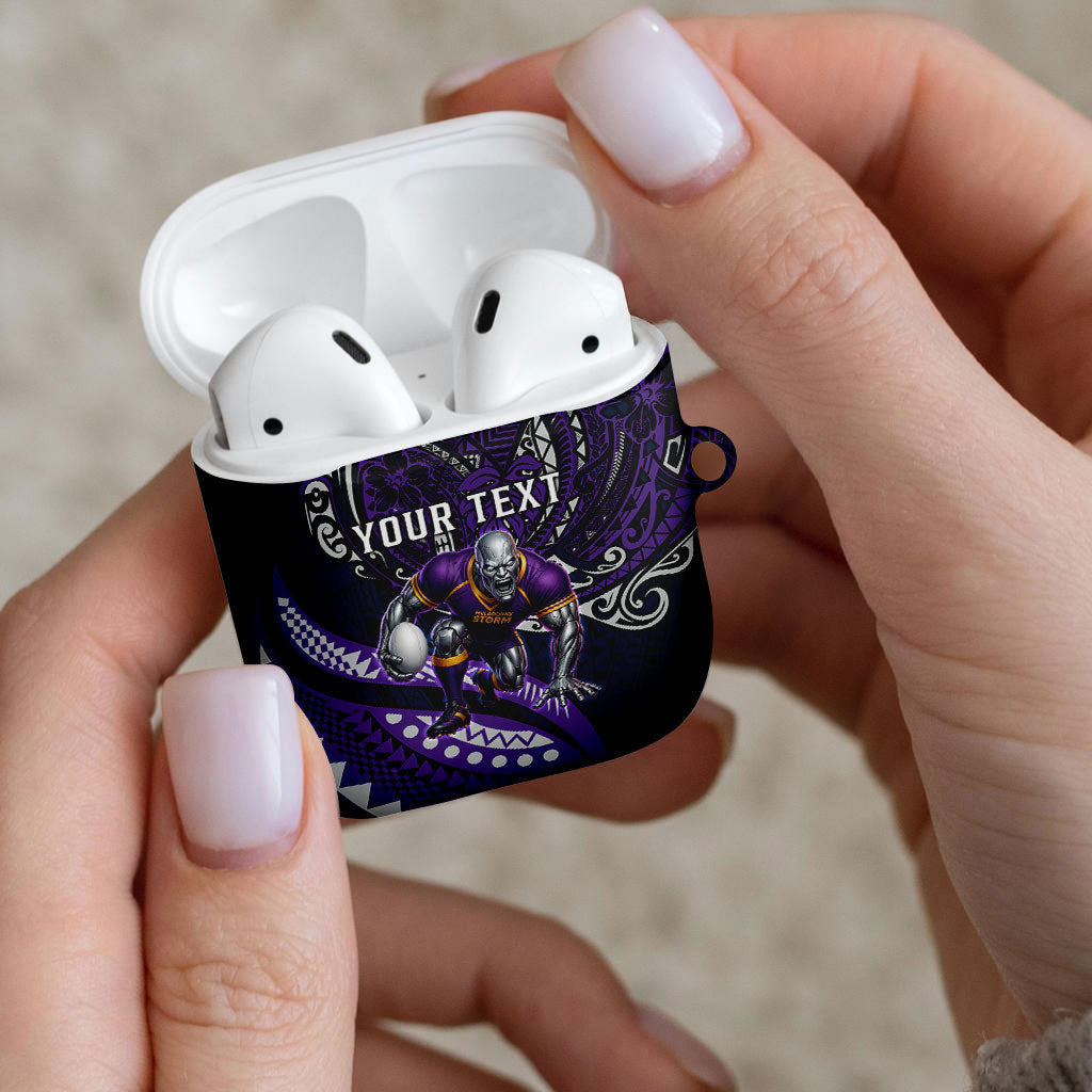 Personalised Melbourne Storm AirPods Case Polynesian Tribal Art Style With Cyborg Storm Mascot