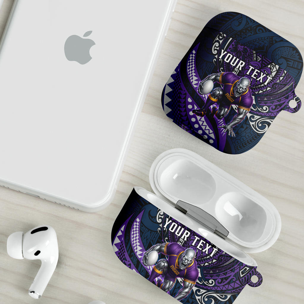 Personalised Melbourne Storm AirPods Case Polynesian Tribal Art Style With Cyborg Storm Mascot