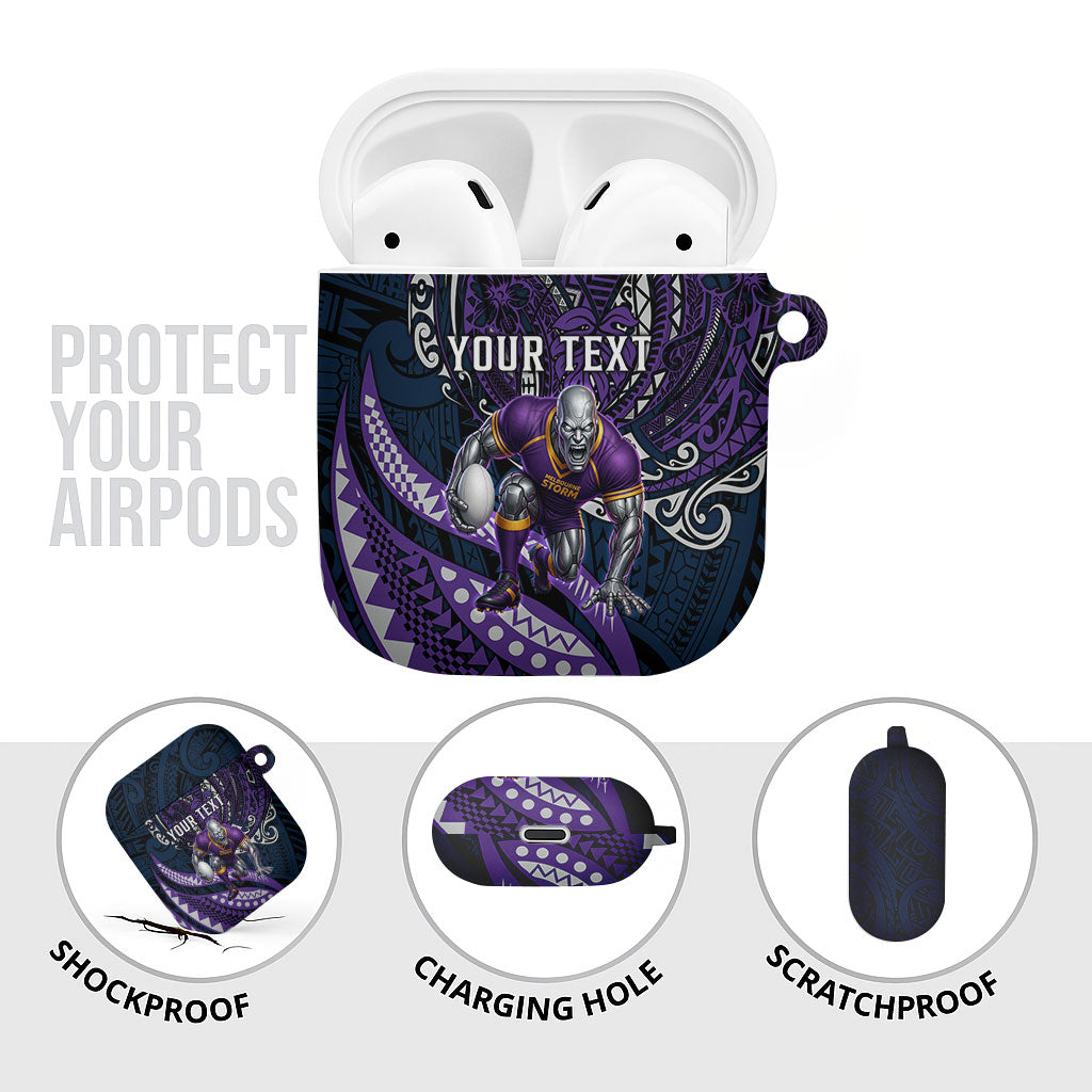 Personalised Melbourne Storm AirPods Case Polynesian Tribal Art Style With Cyborg Storm Mascot