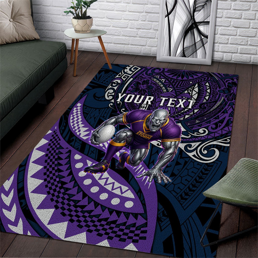 Personalised Melbourne Storm Area Rug Polynesian Tribal Art Style With Cyborg Storm Mascot