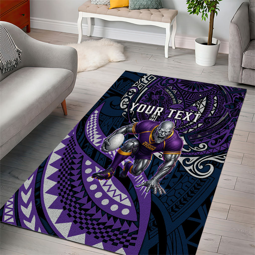 Personalised Melbourne Storm Area Rug Polynesian Tribal Art Style With Cyborg Storm Mascot