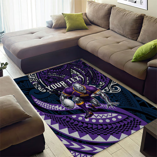 Personalised Melbourne Storm Area Rug Polynesian Tribal Art Style With Cyborg Storm Mascot