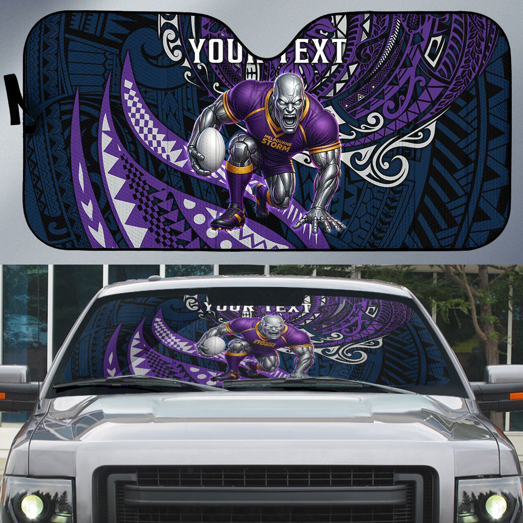 Personalised Melbourne Storm Auto Sun Shade Polynesian Tribal Art Style With Cyborg Storm Mascot
